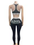 Sexy Black Women Printed Slim Fit Tank Top Pants Set