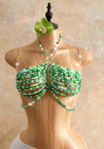 Women Green Beaded Halter Neck Crop Top Beach Party Vest