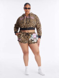 Women Leopard Print Zip Hooded Street Hoodie Shorts Set