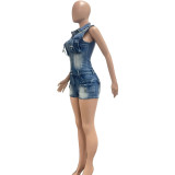 Women Sexy High-Stretch Washed Denim Pocket Jumpsuit