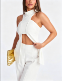 Women Solid White Sleeveless Vest Wide-Leg Pants Two-Piece Set