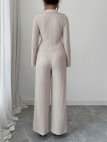 Women Casual Career Textured Bell Bottom Slim Waist Wide-Leg Pants Two-Piece Set