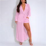 Women See-Through Long Sleeve Button Slit Long Shirt Shorts Set