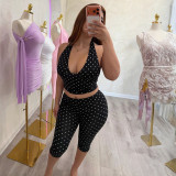 Women Polka Dot Halter Neck Tank Top Cropped Pants Two-Piece Set