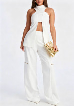 Women Solid White Sleeveless Vest Wide-Leg Pants Two-Piece Set Women Solid White Sleeveless Vest Wide-Leg Pants Two-Piece Set