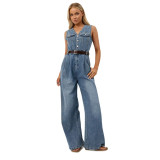 Women Slim Fit Stretch Denim Jumpsuit Wide-Leg Pants