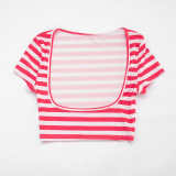 Summer Women Striped Print Bra Short Sleeve Top Three-Piece Set