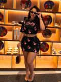 Fashion Women Printed Round Neck Lace-Up  Two-Piece Skirt Set