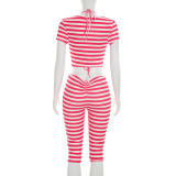 Summer Women Striped Print Bra Short Sleeve Top Three-Piece Set