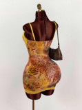 Women Sexy Lace Strap Slim Waist Print Low Back Bodycon Dress