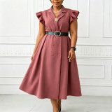 Summer Women Elegant Turn-Down Collar Double-Breasted Short Sleeve Plus Size Africa Dress