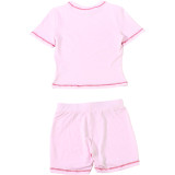 Spring Women Floral Bow Print Round Neck Short Sleeve Top Shorts Set