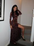 Women Round Neck Slit Mesh See-Through Long Sleeve Dress