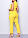 Summer Women Career Solid Sleeveless Blazer Tie Waist Pants Two-Piece Set