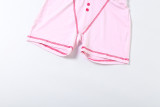 Spring Women Floral Bow Print Round Neck Short Sleeve Top Shorts Set