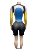 Women Sexy Letter Colorblock Long Sleeve Shorts Set