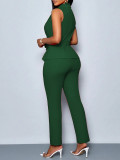 Summer Women Career Solid Sleeveless Blazer Tie Waist Pants Two-Piece Set