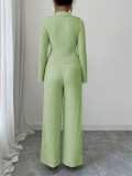 Women Casual Career Textured Bell Bottom Slim Waist Wide-Leg Pants Two-Piece Set