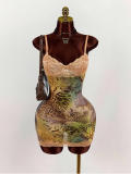 Women Sexy Lace Strap Slim Waist Print Low Back Bodycon Dress