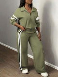Women Casual Color-Block Striped Hooded Wide-Leg Pants Two-Piece Set