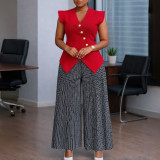 Women Fashion Sleeveless Button Solid V-Neck Printed Pleated Wide-Leg Pants Africa Two-Piece Set