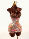 Women Sexy Lace Strap Slim Waist Print Low Back Bodycon Dress