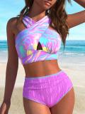 Women Black White Striped Polka Dot Cross Slim Fit Low Back Bikini Set