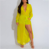 Women See-Through Long Sleeve Button Slit Long Shirt Shorts Set