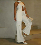 Women Solid White Sleeveless Vest Wide-Leg Pants Two-Piece Set