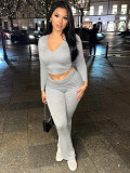 Women Sexy Lace Deep V-Neck Long Sleeve Pants Two-Piece Set