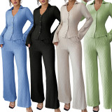 Women Casual Career Textured Bell Bottom Slim Waist Wide-Leg Pants Two-Piece Set