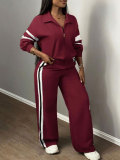 Women Casual Color-Block Striped Hooded Wide-Leg Pants Two-Piece Set