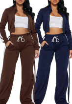 Women Sport Casual Side Stripe Long Sleeve Zipper Jacket Wide-Leg Pants Two-Piece Set Women Sport Casual Side Stripe Long Sleeve Zipper Jacket Wide-Leg Pants Two-Piece Set