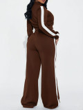 Women Sport Casual Side Stripe Long Sleeve Zipper Jacket Wide-Leg Pants Two-Piece Set