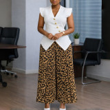 Women Fashion Sleeveless Button Solid V-Neck Printed Pleated Wide-Leg Pants Africa Two-Piece Set