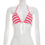 Summer Women Striped Print Bra Short Sleeve Top Three-Piece Set