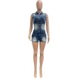 Women Sexy High-Stretch Washed Denim Pocket Jumpsuit