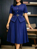 Summer Women Africa Round Neck Patchwork Pleated Faux Two-Piece Solid Plus Size Dress