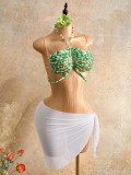 Women Green Beaded Halter Neck Crop Top Beach Party Vest