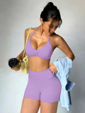 Women Seamless Yoga Halter Neck Low Back High Stretch Butt Lift Leggings Two-Piece Set