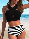Women Black White Striped Polka Dot Cross Slim Fit Low Back Bikini Set