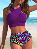 Women Black White Striped Polka Dot Cross Slim Fit Low Back Bikini Set