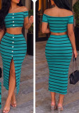 Women Off-Shoulder Striped Crop Top Slit Bodycon Skirt Two-Piece Set