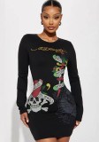 Women White Floral Round Neck Slim Waist Long Sleeve Bodycon Dress