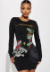 Women White Floral Round Neck Slim Waist Long Sleeve Bodycon Dress