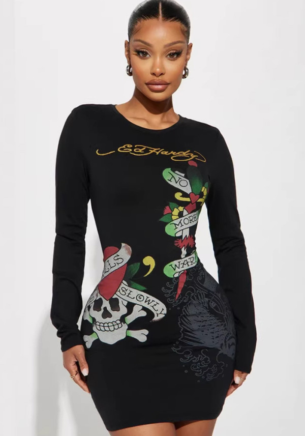 Women White Floral Round Neck Slim Waist Long Sleeve Bodycon Dress