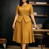 Summer Women Africa Round Neck Patchwork Pleated Faux Two-Piece Solid Plus Size Dress