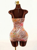 Women Sexy Lace Strap Slim Waist Print Low Back Bodycon Dress