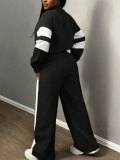 Women Casual Color-Block Striped Hooded Wide-Leg Pants Two-Piece Set