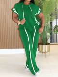 Women Casual Sport Hooded T-Shirt Wide-Leg Pants Striped Two-Piece Set